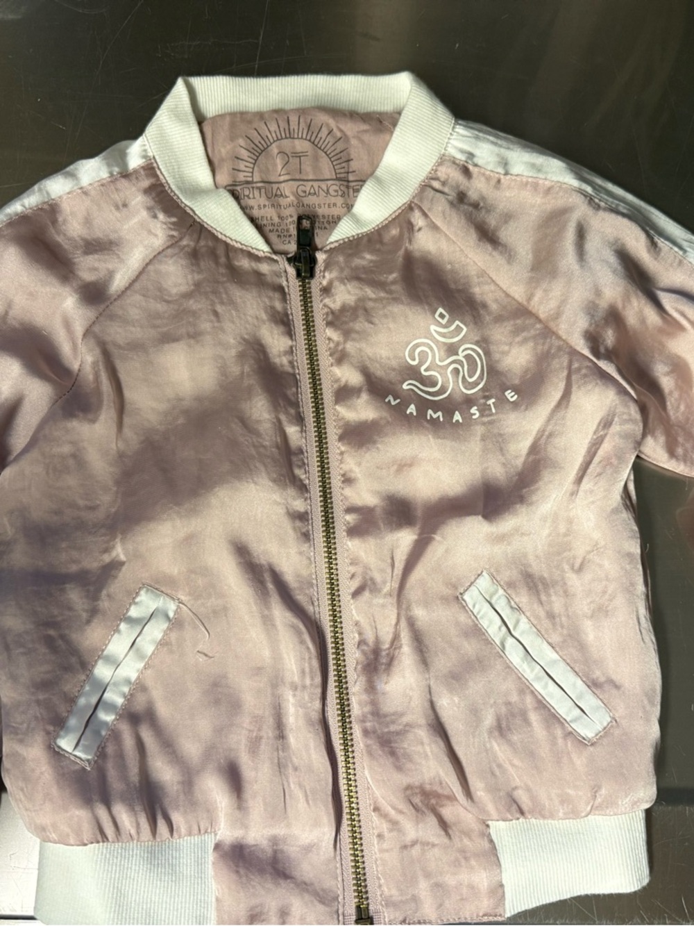 Spiritual Gangster Girls Pale Pink Namaste Satin Bomber Jacket